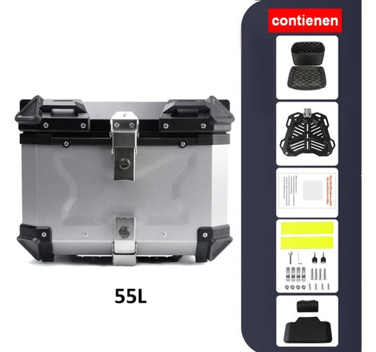 Top Case Aluminio 55 litros Silver Tapa Negra, Con Respaldo