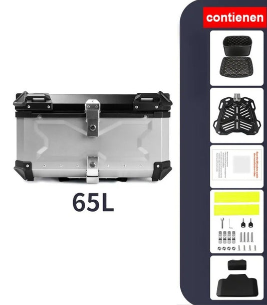 Top Case Aluminio 65 litros Silver Tapa Negra, Con Respaldo