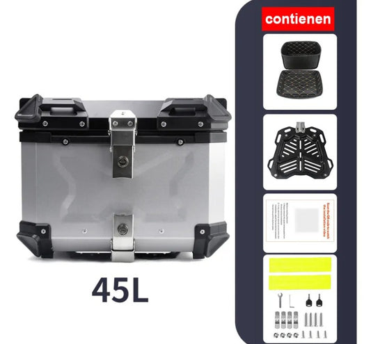 Top Case Aluminio 45 litros Silver Tapa Negra, Con Respaldo