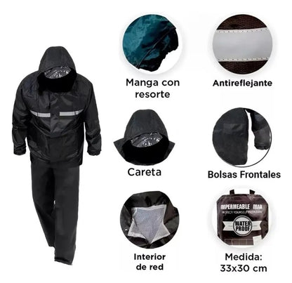 Traje De Agua Negro Impermeable Motociclista Reflectante (Tallas)