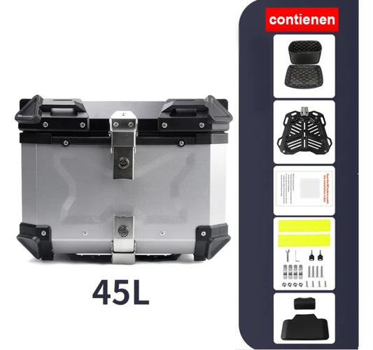 Top Case Aluminio 45 litros Silver Tapa Negra, Con Respaldo