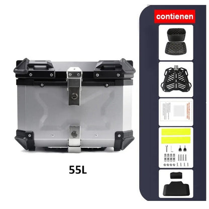 Top Case Aluminio 55 litros Silver Tapa Negra, Con Respaldo