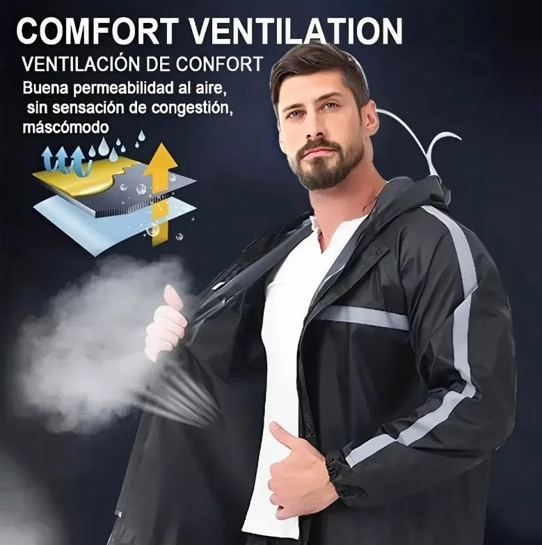 Traje De Agua Negro Impermeable Motociclista Reflectante (Tallas)