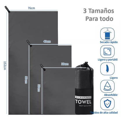 Set 3 Toalla Baño Viaje Microfibra Secado Rápido + Bolso (Colores)