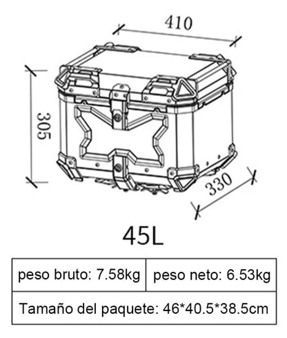 Top Case Aluminio 45 litros Silver Tapa Negra, Con Respaldo